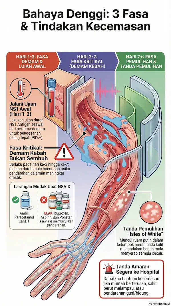 Simptom Denggi 2026: Infografik 3 Fasa Bahaya & Tindakan Kecemasan