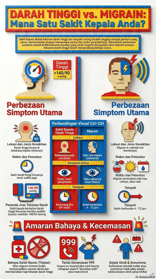 Infografik perbezaan simptom sakit kepala darah tinggi vs migrain