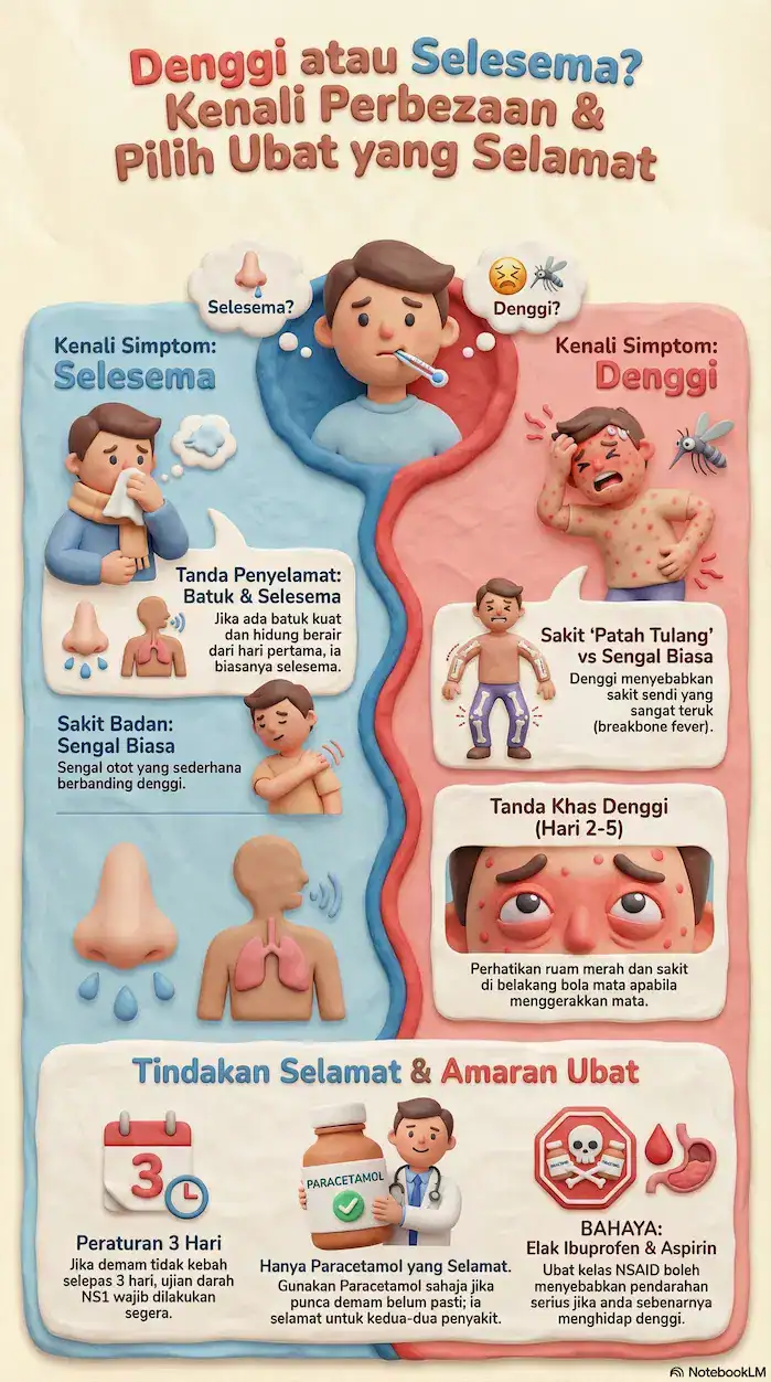 Infografik perbezaan simptom demam denggi dan selesema biasa