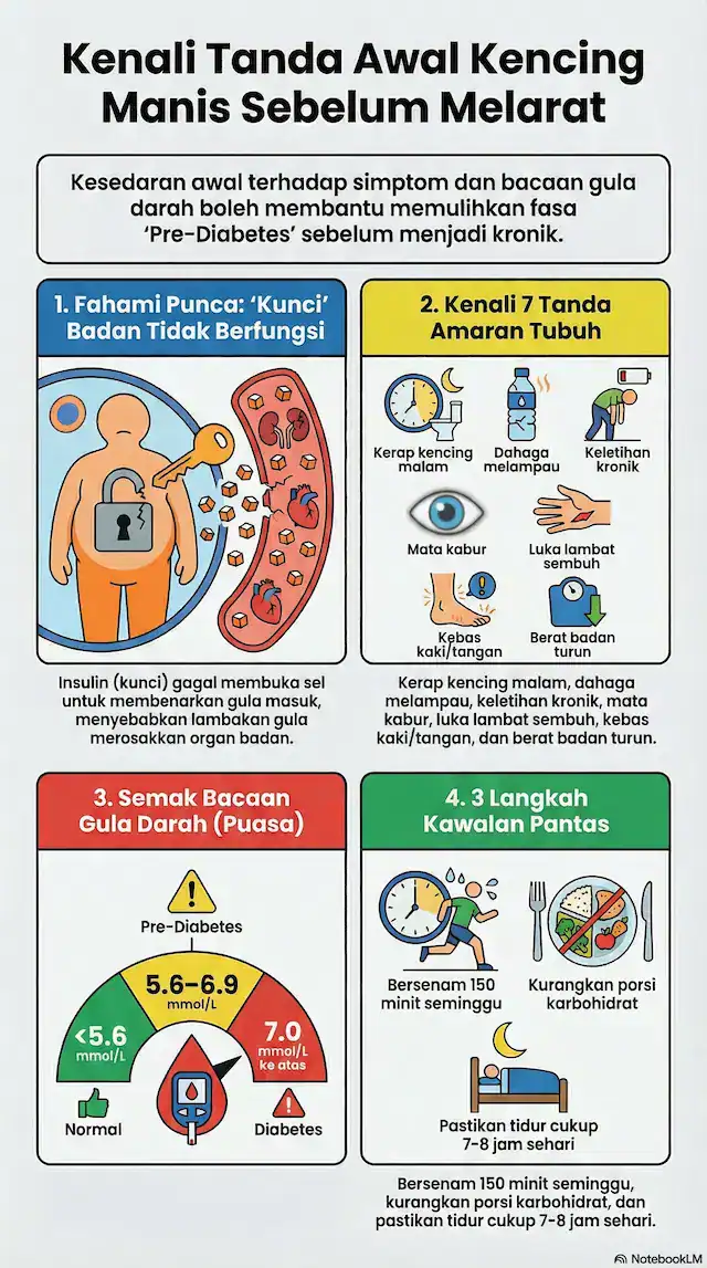 Infografik Kenali Tanda Awal Kencing Manis Sebelum Melarat. Menerangkan punca insulin, 7 tanda amaran tubuh (kerap kencing, dahaga, letih, dll), carta bacaan gula darah puasa, dan 3 langkah kawalan pantas.