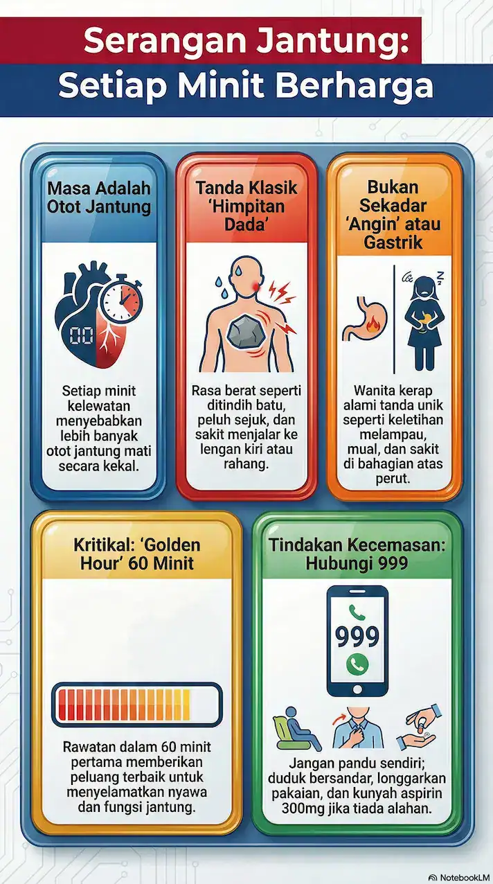 Infografik panduan serangan jantung bertajuk 'Setiap Minit Berharga'. Ia merangkumi lima bahagian: kepentingan masa untuk otot jantung, tanda klasik himpitan dada, simptom unik pada wanita, kepentingan rawatan dalam Golden Hour, dan langkah kecemasan 999.